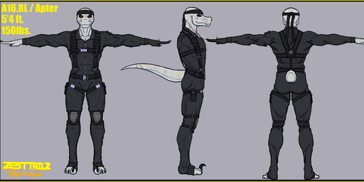 accessory anthro apter_(aptertheraptor) athletic belt black_clothing black_eyes clothing grey_body grey_scales harness headband jumpsuit male pupils red_pupils scales scar scarred_body smile solo standing t-pose tactical_gear topwear zipper aptertheraptor dinosaur dromaeosaurid prehistoric_species reptile saurischian scalie theropod velociraptor absurd_res hi_res model_sheet