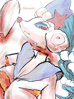 anthro areola bdsm big_breasts blood bodily_fluids breast_tissue breasts death exposed_breast_tissue female genitals gore gore_focus looking_pleasured nipples nude pink_areola simple_background snuff solo ateeveelutinfp nintendo pokemon generation_7_pokemon mammal pokemon_(species) primarina absurd_res hi_res