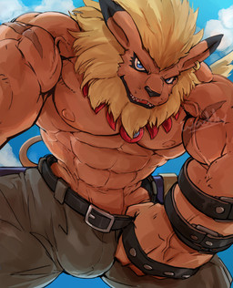 anthro beard belt blonde_hair blue_eyes bottomwear bulge clothed clothing ear_piercing ear_ring facial_hair hair jewelry looking_at_viewer male mane muscular muscular_anthro muscular_male necklace nipples pants piercing ring_piercing scar solo topless vein waddledox bandai_namco digimon digimon_(species) leomon hi_res