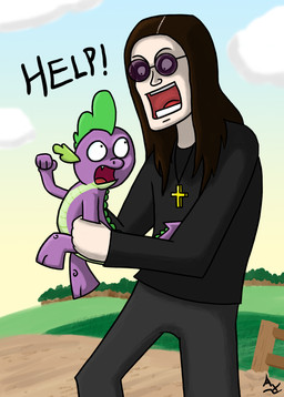 anthro calling_for_help cross cross_necklace detailed_background dialogue duo eyewear imminent_death jewelry male necklace size_difference sunglasses tail text toony axon-griegor friendship_is_magic hasbro my_little_pony mythology ozzy_osbourne spike_(mlp) dragon human mammal mythological_creature mythological_scalie scalie english_text hi_res