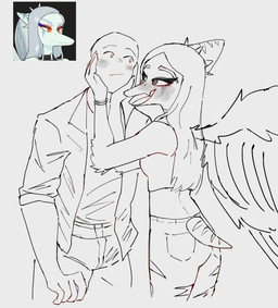 anthro bald blue_body blush bottomwear bracelet canon_couple clothed clothed_anthro clothed_female clothed_human clothed_male clothing collar crop_top cutaway duo elbow_feathers feathered_wings feathers female fingers frown grey_hair hair hand_on_cheek happy humanoid_hands jacket jewelry long_hair looking_at_another male male/female markings open_clothing open_jacket open_mouth open_smile open_topwear orange_eyes pants romantic romantic_couple shirt short_tail smile spiked_collar spikes striped_markings stripes tail topwear torn_bottomwear torn_clothing torn_pants wings lugerhk cavemanon_studios goodbye_volcano_high ko_op_(game_developer) snoot_game anon_(snoot_game) fang_(gvh) human mammal prehistoric_species pterosaur reptile scalie absurd_res greyscale hi_res monochrome spot_color