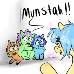 1_horn ambiguous_feral ambiguous_gender black_hooves blonde_hair blue_body blue_fur blue_hair blue_horn feral fur green_body green_fur group hair hooves horn narrowed_eyes open_mouth orange_body purple_eyes purple_hair scared smile sparkles spiral_horn surprised text yellow_body young young_ambiguous young_feral squeegull fluffy_pony mythology equid equine fluffy_pony_(species) mammal mythological_creature mythological_equine unicorn 1:1 2025 digital_media_(artwork) english_description english_text