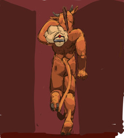anthro bald ball_gag blindfold bound butt captured carrying_another duo forced fur gag hooves horn male male/male muscular nude nude_anthro nude_human orange_body orange_fur pale_skin rear_view red_background simple_background size_difference standing walking jeri_kleinlowe bovid bovine cattle human mammal 2010 colored guide_lines hi_res