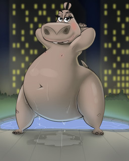 2_toes 3_toes anthro bedroom_eyes belly big_belly blush bottom_heavy city cityscape detailed_background dripping_wet eyelashes featureless_crotch feet female flat_chested front_view grey_body grey_skin hands_behind_head looking_at_viewer narrowed_eyes navel night nipples nude outside overweight overweight_anthro overweight_female poolside seductive semi-anthro smile solo standing thick_thighs toes water wet wide_crotch wide_hips parumpi dreamworks madagascar_(series) gloria_(madagascar) common_hippopotamus hippopotamid mammal 2019 absurd_res hi_res