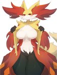 anthro big_breasts blush bodily_fluids breast_curtains breasts featureless_breasts featureless_crotch female flashing frown fur inner_ear_fluff kemono looking_down orange_body orange_fur red_body red_eyes red_fur simple_background solo sweat sweatdrop tuft white_background white_body white_fur yellow_body yellow_fur baburusushi nintendo pokemon canid canine delphox generation_6_pokemon mammal pokemon_(species) 2020 3:4 hi_res