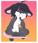 anthro black_hair bodily_fluids border cheek_tuft chest_tuft chibi crossed_legs dripping drooling eyes_closed facial_tuft femboy floppy_ears freckles fur gradient_background grey_body grey_fur hair highlights_(coloring) male markings pink_body pink_highlights pink_skin saliva saliva_drip saliva_string simple_background sitting sitting_on_ground sleeping solo striped_markings stripes tired tuft white_body white_border white_fur appliei nico_(labrattt) fancy_rat mammal murid murine rat rodent hi_res