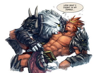 abs anthro armor biceps blue_eyes blush brown_body brown_fur clothing duo eye_patch eyewear fangs fur leucistic licking male male/male muscular muscular_male open_mouth pecs teeth text tongue tongue_out white_body white_fur kuron journey_to_the_west league_of_legends riot_games tencent rengar_(lol) wukong_(lol) felid haplorhine lion mammal monkey pantherine primate 2014 english_text