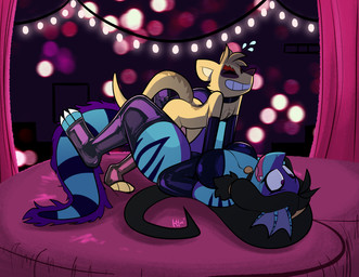 3_toes accessory anthro anthro_on_anthro anthro_penetrated anthro_penetrating anthro_penetrating_anthro big_breasts black_hair blue_body blue_scales blue_stripes bottomwear breasts brown_body brown_fur claws cleavage clothed clothing curvy_figure duo fangs feet female female_penetrated fin footwear fur genitals hair hair_accessory hairband head_fin interspecies larger_female larger_penetrated latex latex_bottomwear latex_clothing latex_legwear latex_topwear legs_up legwear looking_pleasured looking_up lying male male/female male_penetrating male_penetrating_female on_back open_mouth penetration penis pink_penis purple_body purple_clothing purple_footwear purple_fur purple_legwear purple_scales scales sex size_difference smaller_male string_lights striped_body striped_scales stripes tattoo teeth thick_thighs toe_claws toeless_legwear toeless_stockings toes topwear voluptuous white_claws yellow_body yellow_fur lettuce_(artist) exenthal aquatic fish shark unknown_species 2020 absurd_res hi_res