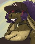 anthro breasts brown_body choker cleavage clothed clothing curly_hair ear_piercing ear_ring facial_piercing female frown hair hat headgear headwear jewelry lips narrowed_eyes necklace nose_piercing nose_ring piercing purple_hair purple_lips ring_piercing shirt simple_background solo squint tank_top teeth thick_bottom_lip topwear yellow_eyes cinnahbunn ammi_(cinnahbunn) domestic_rabbit flemish_giant lagomorph leporid mammal oryctolagus rabbit 4:5