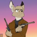 anthro black_nose brown_pawpads clothed clothing dipstick_ears ear_markings fur gradient_background grey_eyes gun handgun male multicolored_ears pawpads ranged_weapon revolver simple_background solo sunset tan_body tan_fur weapon foxenawolf canid canine fennec_fox fox mammal true_fox 1:1