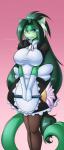 anthro big_breasts black_nose blue_eyes breasts clothed clothing ear_tuft female fur gloves green_body green_fur green_hair hair handwear huge_breasts inner_ear_fluff legwear long_hair maid_uniform solo stockings thick_thighs tuft uniform mastergodai knuckle_up! hawke_(mastergodai) domestic_cat felid feline felis mammal hi_res