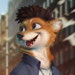 1:1 2021 anthro blurred_background brown_eyes brown_hair canid canine canis city clothed clothing day detailed_background digital_media_(artwork) domestic_dog fur hair hi_res male mammal open_mouth orange_body orange_fur outside shiba_inu smile solo spitz teeth tongue wayn_animation white_body white_fur
