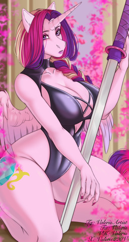 anthro big_breasts black_clothing black_leotard braided_hair breasts cleavage clothed clothing collarbone colored_nails cutie_mark feathered_wings feathers female fur hair holding_katana holding_melee_weapon holding_object holding_sword holding_weapon horn katana kneeling leotard long_hair looking_at_viewer melee_weapon multicolored_hair nails pink_body pink_fur pink_nails purple_eyes solo sword thick_thighs weapon wings valeris friendship_is_magic hasbro my_little_pony mythology princess_cadance_(mlp) equid equine mammal mythological_creature mythological_equine winged_unicorn 2025 absurd_res colored digital_drawing_(artwork) digital_media_(artwork) hi_res shaded