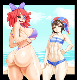 accessory bandeau_bikini beach bedroom_eyes big_breasts big_butt bikini biped bodily_fluids bow_ribbon breasts brown_hair butt button_(fastener) button_eyes clothing cloud doll duo female flat_chested fool's_hat glistening glistening_breasts glistening_butt glistening_thighs hair hair_accessory hair_bow hair_ribbon hat headgear headwear light_body light_skin long_hair medium_hair muscular muscular_female muscular_human narrowed_eyes navel nipple_outline not_furry open_mouth open_smile outside purple_bikini purple_clothing purple_swimwear red_hair ribbons saliva seductive smile standing stitch_(sewing) sweat sweaty_breasts sweaty_butt swimwear two-piece_swimsuit dogiflan glitch_productions the_amazing_digital_circus pomni_(tadc) ragatha_(tadc) animate_inanimate human humanoid living_doll mammal absurd_res english_description hi_res shaded