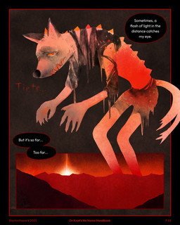 5_fingers black_border body_horror border clothing corruption dialogue fingers hunched_over male mountain orange_eyes sad sharp_teeth slim solo speech_bubble spikes spikes_(anatomy) tail teeth text torn_clothing sharkinthepark rowel_(sharkinthepark) canid canine demon fox mammal 2025 4:5 absurd_res comic english_text hi_res