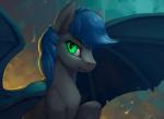 ambiguous_gender blue_hair fur green_eyes grey_body grey_fur hair looking_at_viewer membrane_(anatomy) membranous_wings smile solo wings rodrigues404 hasbro my_little_pony fan_character bat_pony equid mammal 2017