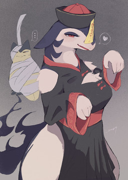 5_fingers ambiguous_anthro ambiguous_gender annoyed anthro asian_clothing big_breasts black_clothing blush bodily_fluids bound breasts chinese_clothing claws cleavage_cutout clothing cutout duo east_asian_clothing ellipsis eyes_mostly_closed eyeshadow female female_anthro female_focus finger_claws fingers fire flaming_tail floppy_ears fur grey_background half-closed_eyes hat headgear headwear heart_symbol holidays jiangshi_costume makeup mummy_wrappings narrowed_eyes open_mouth pose pupils purple_body purple_eyeshadow purple_fur red_clothing red_eyes simple_background slit_pupils solo_focus speech_bubble sweat sweatdrop tail talisman tan_body tan_fur thick_thighs wide_hips wrapped_up sme4 asian_mythology chinese_mythology east_asian_mythology halloween mythology nintendo pokemon generation_2_pokemon generation_8_pokemon hisuian_form hisuian_typhlosion jiangshi pokemon_(species) regional_form_(pokemon) typhlosion undead hi_res watermark