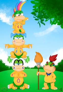 barely_visible_genitalia barely_visible_penis bottomwear brush clothing genitals loincloth male markings navel nipples paintbrush penis penis_base shell-less standing_on_another tribal tribal_markings yellow_body young k_vicko mario_bros nintendo bowser_jr. iggy_koopa koopaling larry_koopa lemmy_koopa koopa scalie absurd_res hi_res