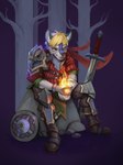 accessory anthro armor banner black_nose blonde_hair boots bottomwear brown_bottomwear brown_clothing brown_pants clothing elemental_manipulation emblem female fire fire_manipulation footwear fur green_clothing green_ears green_eyes green_shirt green_topwear grey_body grey_fur hair melee_weapon night pants plant red_clothing red_scarf red_shirt red_topwear rock scarf shield shirt shoes short_hair single_glove slight_smile solo stripes sword topwear tree weapon khornex nanaki_azakee canid canine canis mammal wolf absurd_res alternate_version_at_source hi_res