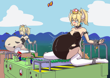 5_fingers armband belly big_belly blonde_hair blue_eyes blush bodily_fluids bound bracelet breasts chain chained clothed clothing collar crown ear_piercing eyebrows eyelashes female female_focus fingers group hair headgear horn humanoid_pointy_ears inflation jewelry legwear looking_at_another open_mouth outside piercing pointy_ears ponytail shell sitting spiked_armband spiked_bracelet spiked_collar spiked_shell spiked_tail spikes spikes_(anatomy) square_crossover super_crown tail tears teeth thick_eyebrows thigh_highs torn_clothing colucolu bowsette_meme mario_bros mario_party_(series) mario_party_2 nintendo bowser luigi mario animal_humanoid human humanoid koopa_humanoid mammal scalie scalie_humanoid 2018 absurd_res colored digital_drawing_(artwork) digital_media_(artwork) hi_res meme brother_(lore) brothers_(lore) sibling_(lore) twins_(lore)