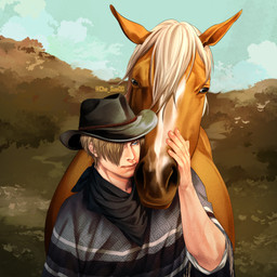 5_fingers ambiguous_feral ambiguous_gender bent_arm black_clothing black_eyes black_hat black_headwear black_kerchief black_neckerchief blonde_hair blue_eyes blue_sky brown_body brown_fur clothed clothed_human clothed_male clothing cloud cowboy_hat day duo feral fingernails fingers fur grass grey_poncho hair hair_over_eye hand_on_face hat headgear headwear kerchief larger_ambiguous larger_feral light lips looking_at_viewer male male_human mane mouth_closed multicolored_body multicolored_fur nails neckerchief neckwear outside plant poncho short_hair shrub size_difference sky smaller_human smaller_male standing tan_body tan_fingernails tan_lips tan_nails tan_skin text two_tone_body two_tone_fur vein white_body white_fur white_mane chesue00 capcom resident_evil leon_kennedy equid equine horse human mammal pinto_horse 1:1 artist_name colored english_description hi_res lighting shaded