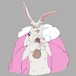 anthro belly bodily_fluids cum duo erection genital_fluids genitals human_on_anthro interspecies kemono male male/male overweight overweight_male penis scar simple_background solo_focus kazhijun shangri-la_frontier vysache human lagomorph leporid mammal rabbit vorpal_bunny 1:1 2026 hi_res