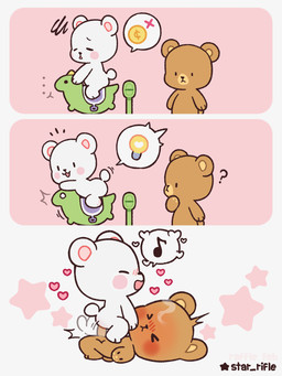 >_< ambiguous_gender ambiguous_penetrated ambiguous_penetration anthro black_nose blush brown_body brown_fur cowgirl_position duo eyes_closed from_front_position fur genitals heart_symbol kiddie_ride light_bulb looking_at_another lying male male/ambiguous male_penetrating male_penetrating_ambiguous mouth_closed musical_note musical_symbol nude_anthro on_back on_bottom on_top open_mouth penetration penile penile_penetration penis riding sex smile symbol text white_body white_fur star_rifle milkmochabear milk_(milkmochabear) mocha_(milkmochabear) bear mammal artist_name digital_drawing_(artwork) digital_media_(artwork) hi_res signature