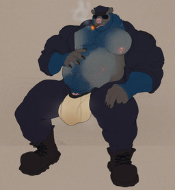 abdominal_scar anthro belly belly_hair big_belly body_hair boots bulge chest_hair cigar cigar_in_mouth clothed clothing detailed_bulge dirty_underwear eyewear facial_scar footwear front_view genital_outline genitals hand_on_belly male male_anthro moobs muscular muscular_anthro muscular_male nipple_piercing nipples object_in_mouth obscured_eyes open_bottomwear open_clothing open_topwear overweight overweight_anthro overweight_male penis penis_base penis_outline piercing pink_nipples pink_nose pink_penis pubes scar shoes simple_background smoke solo stained_underwear sunglasses topwear gryblak bear mammal hi_res