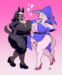 anthro balls big_breasts blue_eyes blush bottomwear breast_squish breasts breasts_frottage christian_symbol cleavage clothed clothing cross cross_necklace curvy_figure duo erection female footwear genitals gloves gynomorph gynomorph/female handwear hat headgear headwear heart_symbol high_heels huge_breasts intersex intersex/female jewelry loincloth magic_user mature_anthro mature_female necklace nipple_outline nun overweight overweight_female pelvic_curtain penis religion religious_symbol shoes skimpy slightly_chubby slightly_chubby_anthro slightly_chubby_female squish thick_thighs tongue tongue_out voluptuous wide_hips witch yellow_eyes woory christianity laverne_(sssonic2) maggie_(woory) canid canine canis dobermann domestic_dog mammal pinscher hi_res