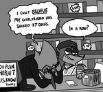 anthro backwards_baseball_cap backwards_hat baseball_cap clothing duo hat headgear headwear male parody store text wince unknown_artist cartoon_network clerks_(movie) regular_show jay_(clerks) mordecai_(regular_show) rigby_(regular_show) silent_bob avian bird blue_jay corvid jay_(bird) mammal new_world_jay oscine passerine procyonid raccoon crossover english_text low_res monochrome