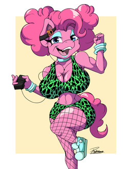 animal_print anthro athletic_wear big_breasts big_butt blue_eyes bracelet breasts butt clothing dancing earbuds electronics exercise female fishnet_clothing fur green_clothing hair headphones jewelry leopard_print makeup necklace open_mouth pink_body pink_fur pink_hair portable_music_player simple_background smile solo thick_thighs wide_eyed workout reymonrr friendship_is_magic hasbro my_little_pony mythology pinkie_pie_(mlp) earth_pony equid equine horse mammal pony absurd_res hi_res