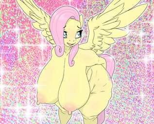 anthro areola big_breasts blue_eyes breasts cutie_mark feathered_wings feathers female hair huge_breasts nervous nipples overweight pink_hair solo wings yellow_body chingodile friendship_is_magic hasbro my_little_pony fluttershy_(mlp) equid mammal hi_res