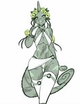 anthro breasts clothed clothing curled_tail female fin floral flower flower_crown flower_garland garland head_fin legwear looking_at_viewer plant simple_background skimpy solo spread_fingers standing tail thigh_highs white_background redrabbu nubia_jumoke chameleon lizard reptile scalie digital_media_(artwork) monochrome