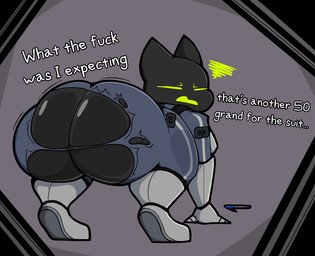all_fours annoyed anthro armor big_butt boots butt clothing eyes_closed female footwear fur huge_butt huge_hips looking_back metal_boots pen shoes simple_background solo text thick_thighs tight_clothing torn_clothing wardrobe_malfunction wide_hips lewdewott fan_character myxo_(thfooxir) domestic_cat felid feline felis mammal digital_drawing_(artwork) digital_media_(artwork) english_text hi_res