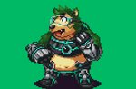 anthro fur green_background green_body green_fur male overweight overweight_anthro overweight_male simple_background solo visor nanadragon4 lifewonders live_a_hero mokdai canid canine canis domestic_dog mammal 2020