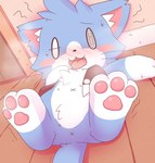 3_toes ambiguous_gender anthro anus blush bodily_fluids butt cute_fangs featureless_crotch feet hindpaw lying on_back pawpads paws solo sweat sweatdrop tail toes tongue x_anus onebchan hoshikake-kun felid feline mammal hi_res