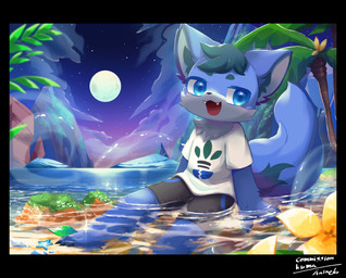 4_fingers :3 anthro barefoot biped black_border black_bottomwear black_claws black_clothing black_nose black_shorts blue_body blue_claws blue_ears blue_eyes blue_fur blue_inner_ear_fluff blue_pupils blue_tail border bottomwear cheek_tuft claws clothed clothing cloud cute_fangs detailed_background facial_tuft fangs feet finger_claws fingers flower fluffy fluffy_tail front_view full_moon fully_clothed fur glistening glistening_eyes grass head_tuft horizon inner_ear_fluff kemono landscape leaf legs_in_water looking_at_viewer male moon mountain multicolored_body multicolored_fur multicolored_tail neck_tuft open_:3 open_mouth open_smile outside palm_tree partially_submerged paws plant print_clothing print_shirt print_topwear pupils scenery seaside shirt shorts sitting sitting_in_water sky smile solo sparkles star starry_sky tail teeth three-quarter_view toe_claws topwear tree tuft two_tone_body two_tone_fur two_tone_tail water white_body white_clothing white_fur white_inner_ear white_shirt white_topwear young young_anthro nemesia/haineko ambient_sealife ambient_starfish aquatic asterozoan canid canine echinoderm fox mammal 2023 absurd_res colored detailed digital_media_(artwork) full-length_portrait hi_res portrait shaded signature