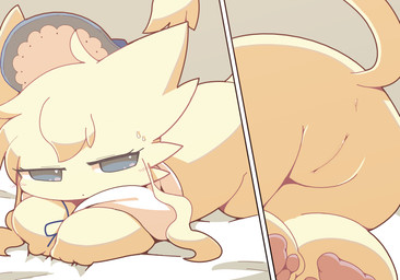 anthro anus bed bedding biped blue_eyes cheek_tuft clothing facial_tuft feet female female_anthro fur fur_tuft furniture genitals grey_background head_tuft headgear headwear hindpaw innie_vulva lying lying_on_bed monotone_body monotone_fur mostly_nude mostly_nude_anthro mostly_nude_female multiple_angles on_bed on_front paws plantigrade rear_view simple_background slim slim_anthro slim_female three-quarter_view tuft vulva yellow_body yellow_fur crepix makemon alice_(makemon) domestic_cat felid feline felis mammal 2019 cel_shading digital_drawing_(artwork) digital_media_(artwork) shaded