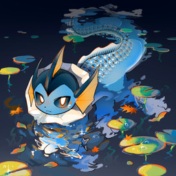 amazing_background ambiguous_gender blue_body detailed_background feral fin frill_(anatomy) kemono leaf lily_pad looking_at_viewer partially_submerged plant scales solo swimming tan_body water white_body hakunu nintendo pokemon eeveelution generation_1_pokemon pokemon_(species) vaporeon 1:1 2023 detailed digital_media_(artwork) hi_res icon signature