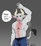 armpit_hair body_hair male musk solo text danero european_mythology greek_mythology minotaur_hotel mythology asterion_(minotaur_hotel) bovid bovine humanoid mammal minotaur absurd_res english_text hi_res