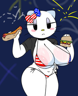 american_flag american_flag_bikini american_flag_bow anthro areola areola_slip big_breasts bikini blush blush_stickers bow_(feature) breasts burger clothed clothing clothing_lift female fireworks flag_bikini flag_swimwear food frown holding_food holding_object holidays hot_dog looking_at_viewer narrowed_eyes navel shirt shirt_lift solo swimwear topwear two-piece_swimsuit united_states_of_america whiskers white_body yellow_nose savagensfw 4th_of_july hello_kitty_(series) sanrio hello_kitty_(character) domestic_cat felid feline felis mammal hi_res