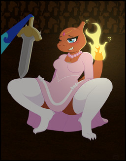 ambiguous_gender anthro black_border blue_eyes blush border breasts cave clothed clothing collar cosplay detailed_background dress duo female fire flaming_tail footwear legwear melee_weapon sitting smile socks submissive sword tail thick_thighs topwear weapon darkeagledoesstuff nintendo nuzlocke pokemon animate_inanimate charmeleon generation_1_pokemon generation_6_pokemon honedge living_melee_weapon living_sword living_weapon pokemon_(species) scalie colored crossover digital_drawing_(artwork) digital_media_(artwork) hi_res shaded