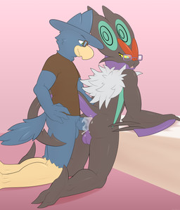 anal anal_penetration bodily_fluids bodyguard_position butt cum cum_on_butt duo eyewear from_behind_position genital_fluids glasses male male/male male_penetrated male_penetrating male_penetrating_male penetration sex standing standing_sex wings rodricoro nintendo pokemon generation_2_pokemon generation_6_pokemon murkrow noivern pokemon_(species) absurd_res hi_res