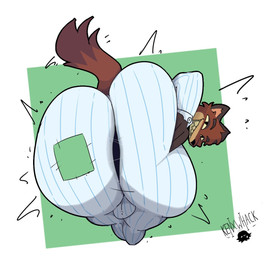 anthro anus ball_bulge big_butt black_nose brown_body brown_eyebrows brown_fur butt clothing eyebrows fur hand_on_butt looking_back male pajamas rear_view sharp_teeth smile solo tail teeth white_pajamas kenxwhack mammal mustelid musteline true_musteline weasel 2026 digital_drawing_(artwork) digital_media_(artwork) english_description