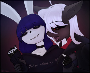 anthro breath choker clothing coat consensual_vampirism duo female femboy glowing glowing_eyes hoodie imminent_bite jewelry latex latex_clothing male male/female necklace open_mouth topwear creambeam riley_(creambeam) roxanne_(creambeam) bat lagomorph leporid mammal rabbit vampire hi_res