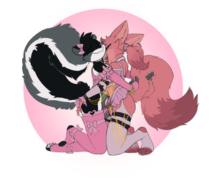 accessory anal anal_fingering anthro arm_warmers armwear balls belt belt_accessory big_tail bodily_fluids bottomwear bow_ribbon butt butt_grab chastity_cage chastity_cage_grinding chastity_device clothed clothing collar crossdressing crossdressing_male duo fingering fur genital_fluids genitals gold_(metal) gold_jewelry grin grope hair hair_accessory hair_bow hair_ribbon hand_on_butt hug hugging_another jewelry kneeling leaking_precum legwear licking male neck_lick pawpads paws pink_body pink_fur ponytail precum ribbons skirt smile smug smug_face smug_grin stockings tail tail_grab tongue topwear touching_cages ittybittykittytittys epi_(vonepitaph) hyacinth_(cheeseuschrist) canid canine demon fox mammal prevost's_squirrel hi_res