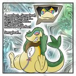 anthro cross-eyed hypnosis male mind_control ringed_eyes scarf solo speech_bubble suit_transformation text transformation transfurmation lightfurdragon nintendo pokemon astrail animate_inanimate generation_5_pokemon pokemon_(species) snivy 1:1 absurd_res english_text hi_res