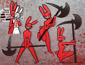 anthro athletic axe bdsm blood blood_splatter bodily_fluids bondage bound breast_squish breasts censor_bar concrete convenient_censorship crouching dialogue duo featureless_breasts female glistening glistening_body gold_(metal) gold_tooth hands_tied hedonia_(torturabbit) holding_object holding_weapon looking_at_viewer male male/female navel nude questionable_consent red_body restraints rope rope_bondage running simple_background speech_bubble squish teeth toothy_grin weapon whispering_in_ear white_body torturabbit kama_(torturabbit) lagomorph leporid mammal meat_creature rabbit aliasing digital_drawing_(artwork) digital_media_(artwork)