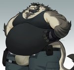 anthro armpit_tuft backwards_baseball_cap backwards_hat baseball_cap beard belly_overhang big_bulge big_moobs big_pecs black_clothing black_shirt black_tank_top black_topwear body_hair bottomwear bulge chest_hair clothed clothing electronics facial_hair fingerless_gloves gloves hands_on_hips handwear hat headgear headphones headwear love_handles male mask microphone moobs musclegut muscular mustache nipple_outline open_bottomwear open_clothing open_pants overweight overweight_anthro overweight_male pants pecs red_eyes shirt solo tactical_gear tank_top teeth thick_neck topwear tuft tusks wearing_mask yellow_teeth zipper_down sulviez trei_(sulviez) egyptian_mongoose 2024 hi_res