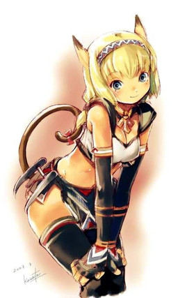 accessory armor armwear blonde_hair blue_eyes bow_(feature) bow_accessory bow_ribbon breasts brown_body brown_fur cleavage clothed clothing dipstick_ears ear_markings elbow_gloves female fur furgonomics gloves hair handwear looking_aside looking_at_viewer multicolored_ears raised_tail ribbons simple_background skimpy solo tail tail_accessory tail_bow tail_ribbon tan_body tan_skin unconvincing_armor white_background kawata_hisashi final_fantasy final_fantasy_xi square_enix animal_humanoid cat_humanoid felid felid_humanoid feline feline_humanoid humanoid mammal mammal_humanoid mithra 2007 3:5